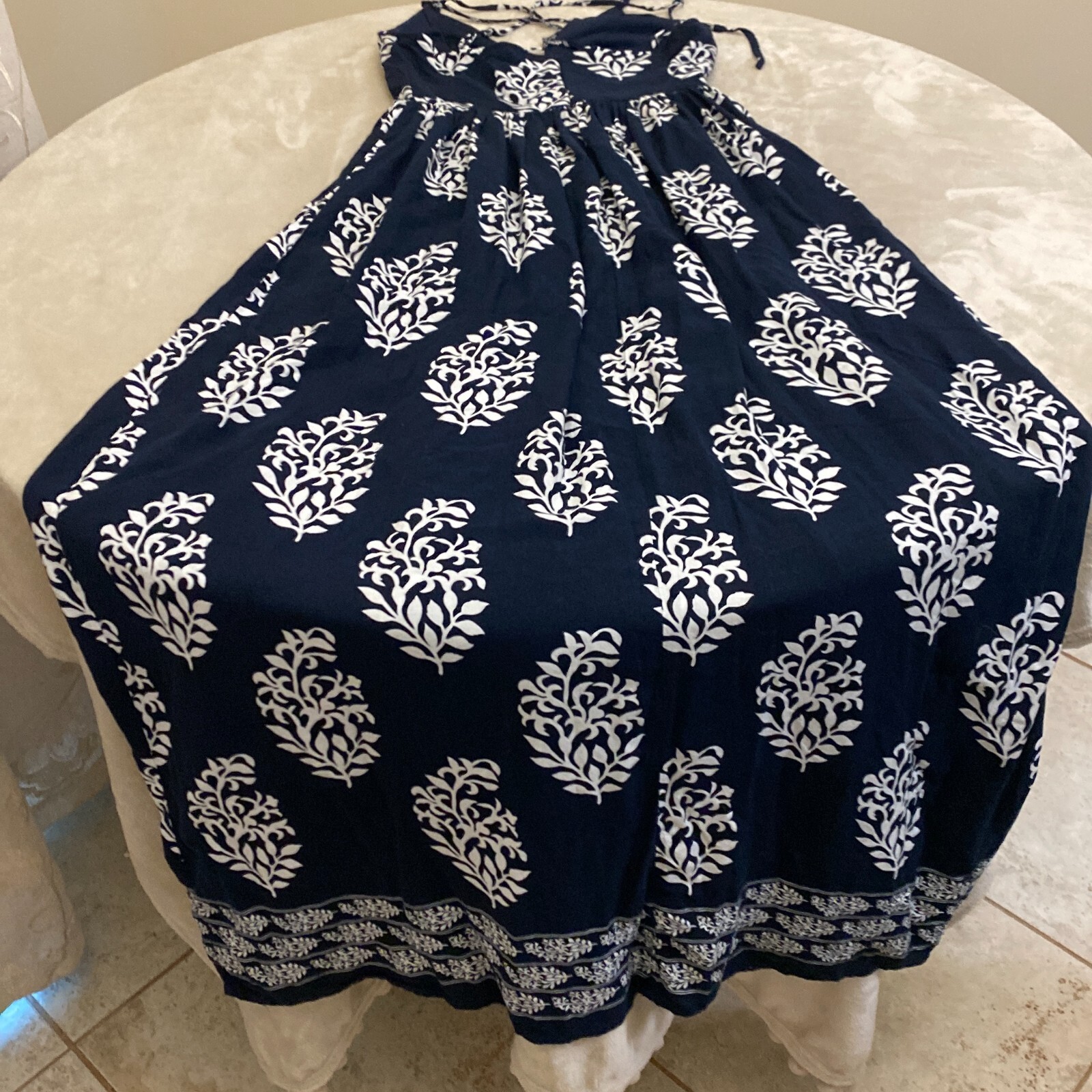 Miss Avenue Womens Navy Blue Leaf Print Split Neck Side Slit Maxi Dress Size S