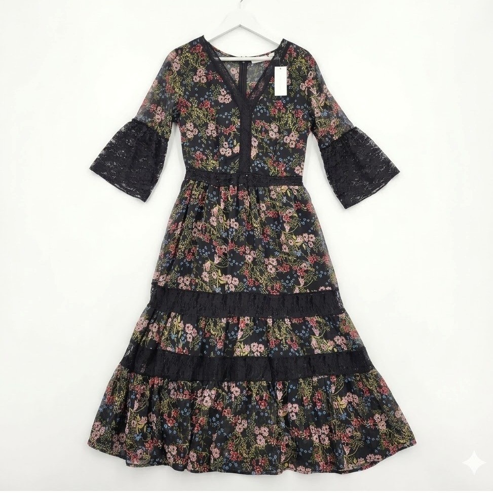 New York & Company Women Cottagecore Victorian Romantic Tiered Maxi Dress M Lace
