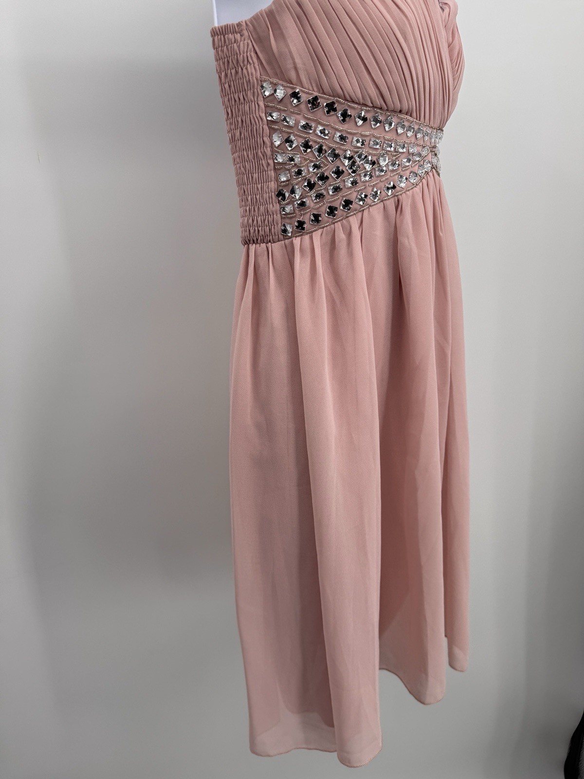 Y2K Izabel London Strapless Party Dress Size 8 Chiffon Light Pink Rhinestones