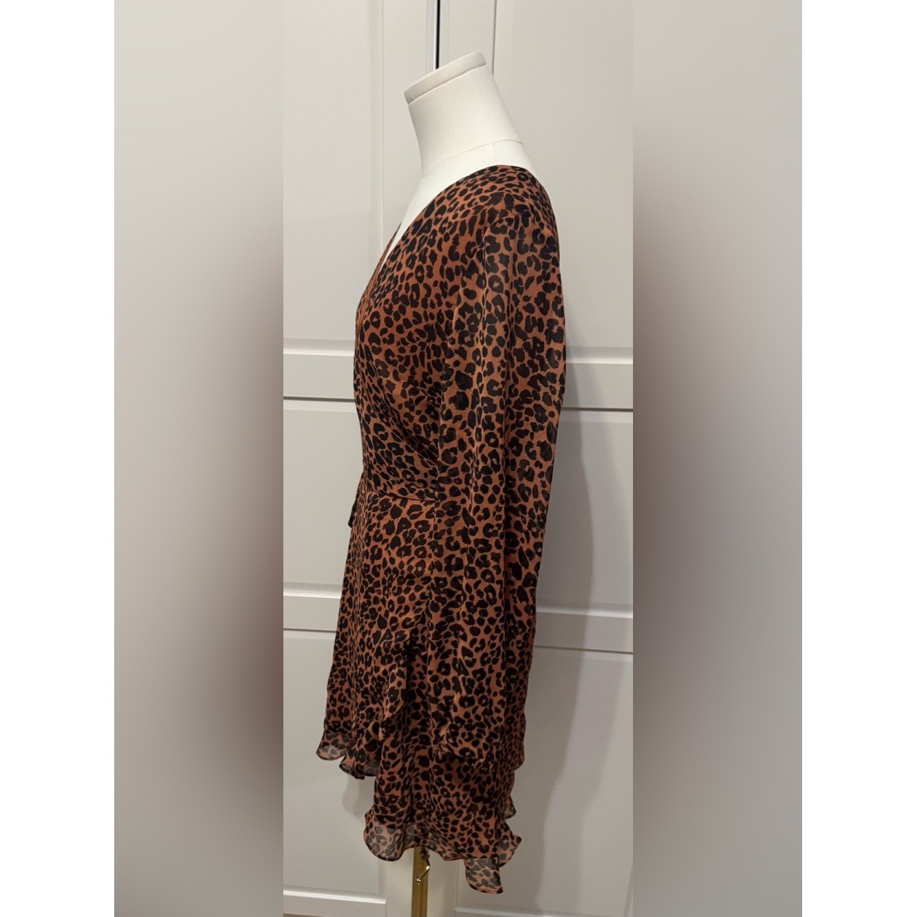 Gianni Bini Brown Leopard Print Wrap Long Elasticated Cuff Sleeve Mini Dress L