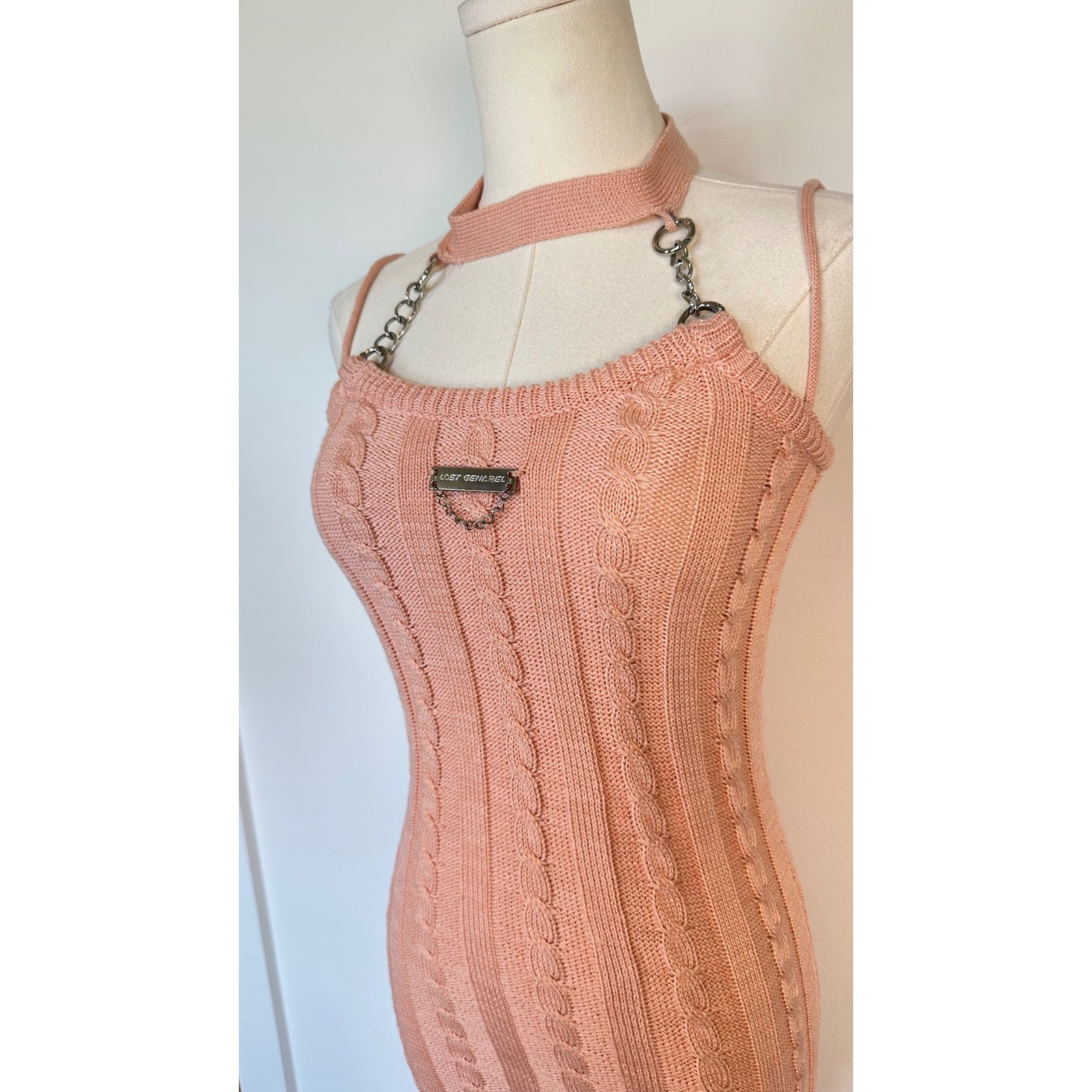Loft Generale Y2K Pink Cable Knit Bodycon Mini Dress Chain Halter Cybercore Rare