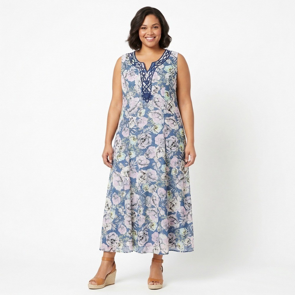 Jessica London Blue Floral Sleeveless Maxi Dress with Crochet Neckline Size 18