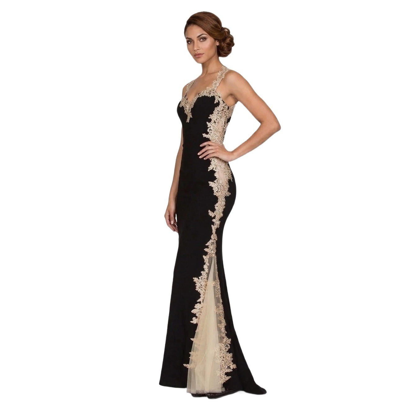 Cinderella Divine Womens 6 Black Gold Lace Column Prom Red Carpet Gown Dress