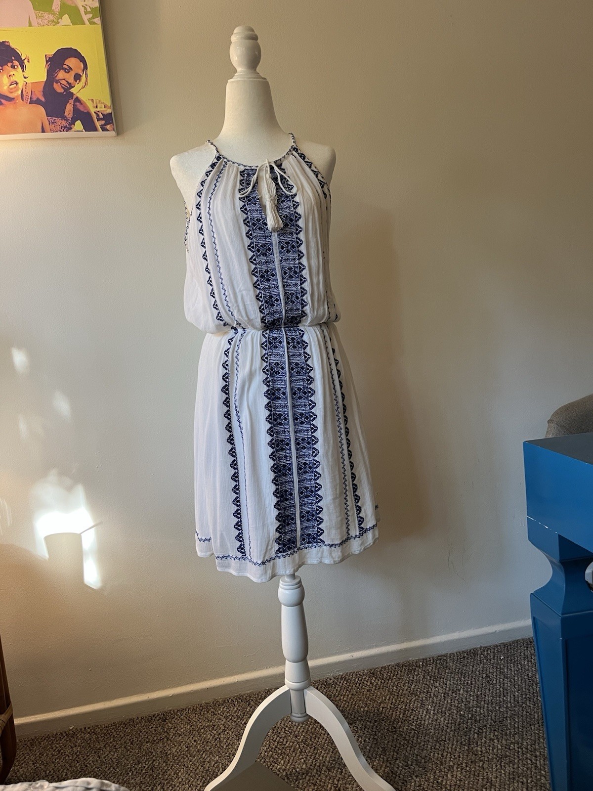 White Blue Embroidered Halter Neck Tassel Tie Elastic Waist Dress