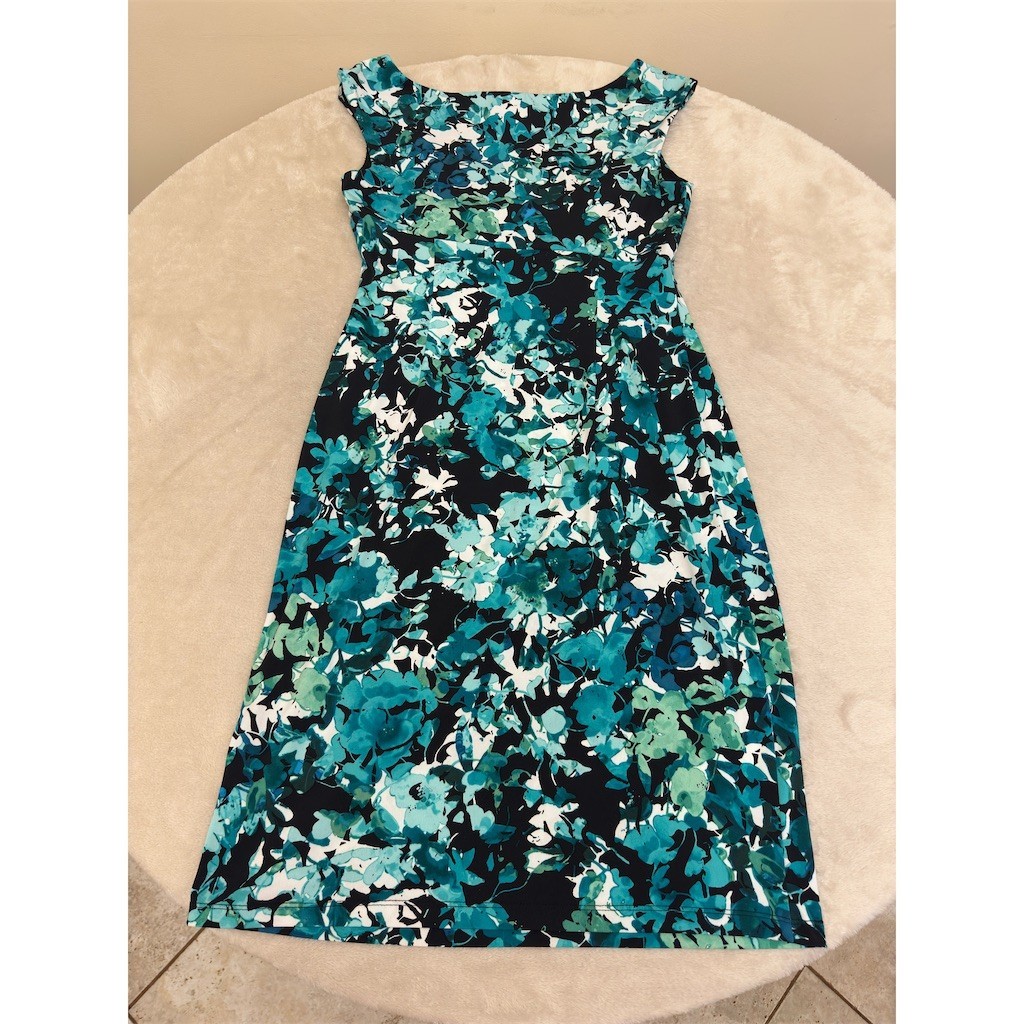 Connected Apparel Dress Womens Size 10 Teal Black White Floral Ruched
