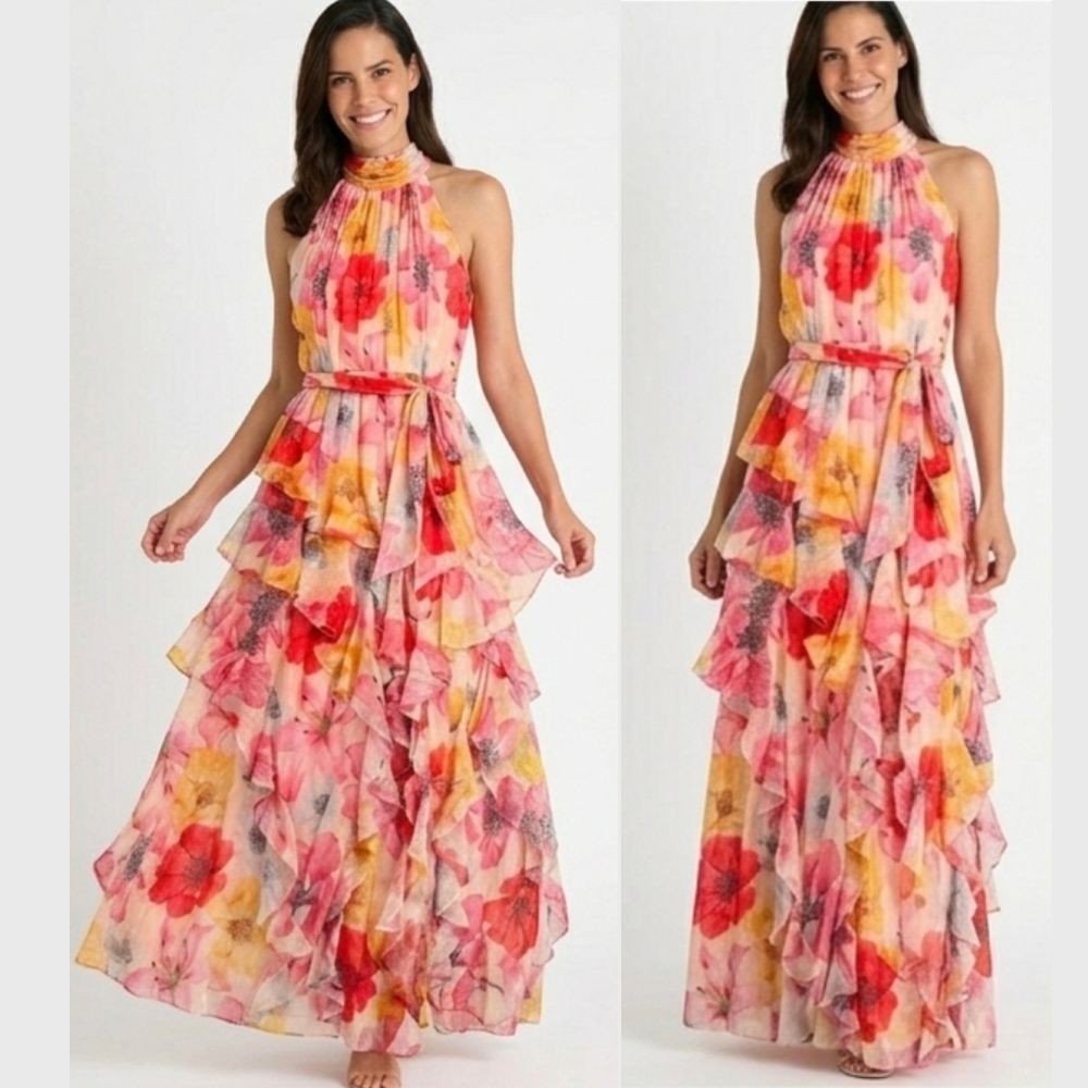 Alex Marie Nina DRESS Size 12 Floral Halter A-Line Sleeveless Maxi Tiered NEW