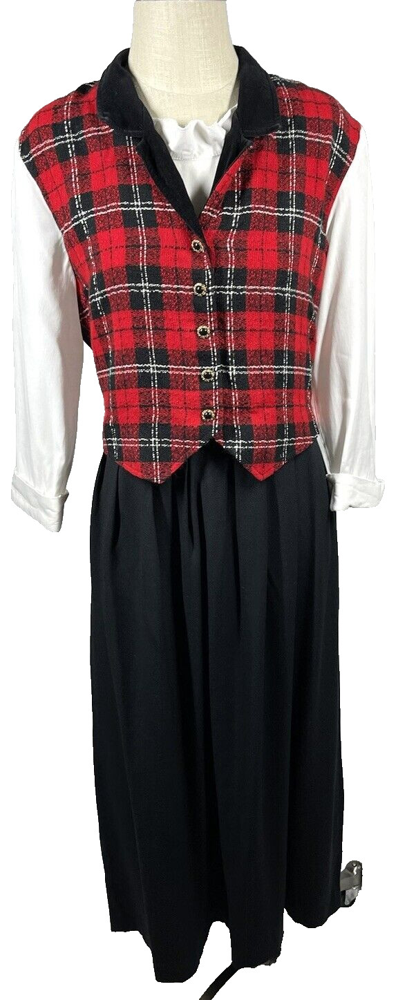 Vintage Black Red Plaid Vest Holiday Dress Size 16 Cottage Core Classic Prairie