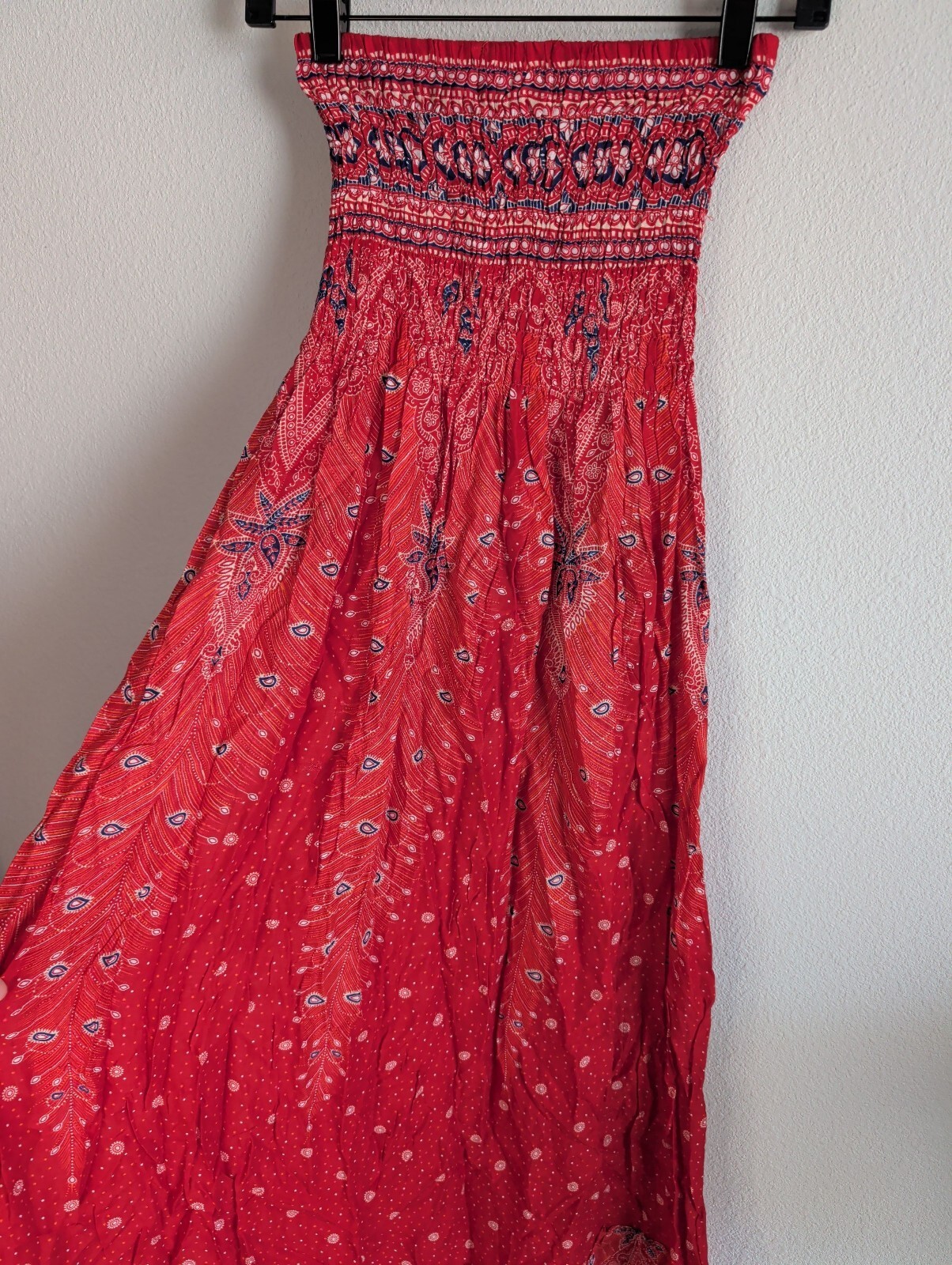 One Size Red Paisley Strapless Maxi Dress Smocked Festival
