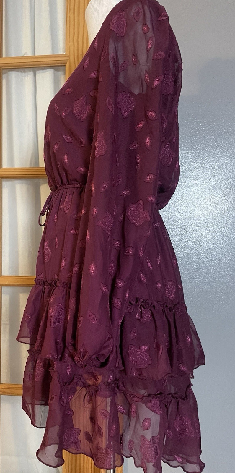 90s City Studio Layered Mini Dress Sz M Purple Floral Long Sleeve Ruffles Modern