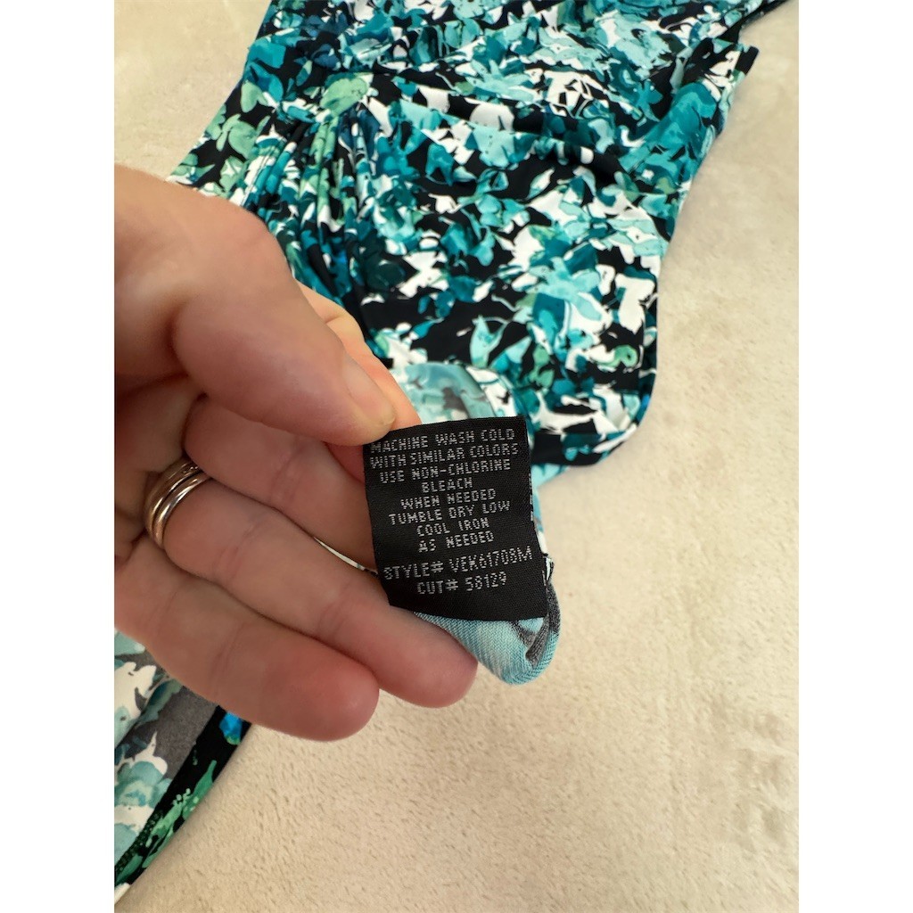 Connected Apparel Dress Womens Size 10 Teal Black White Floral Ruched