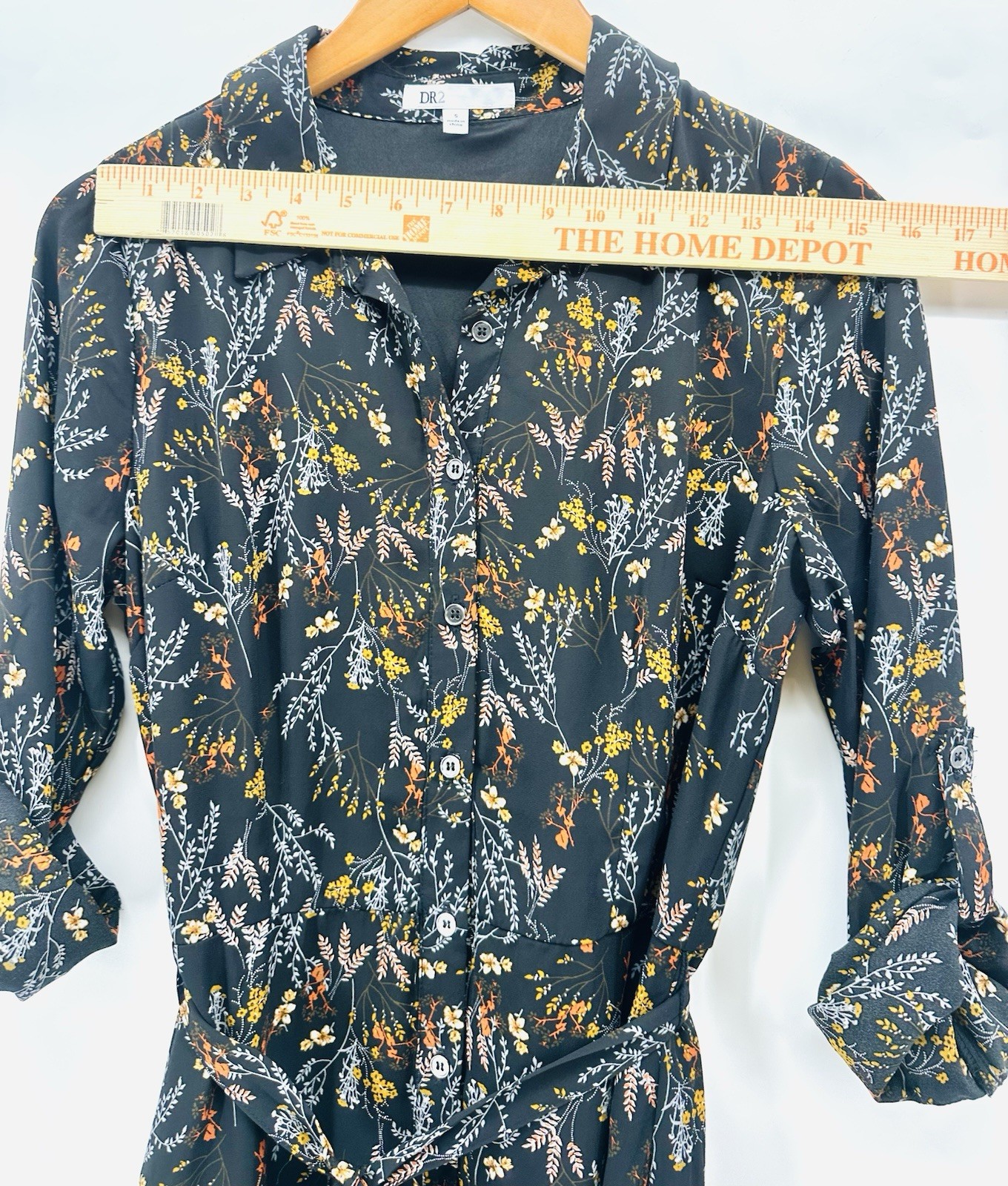 DR2 Womens Small Black Floral Shirt Dress Tie Waist Button Front Boho Midi QQ27