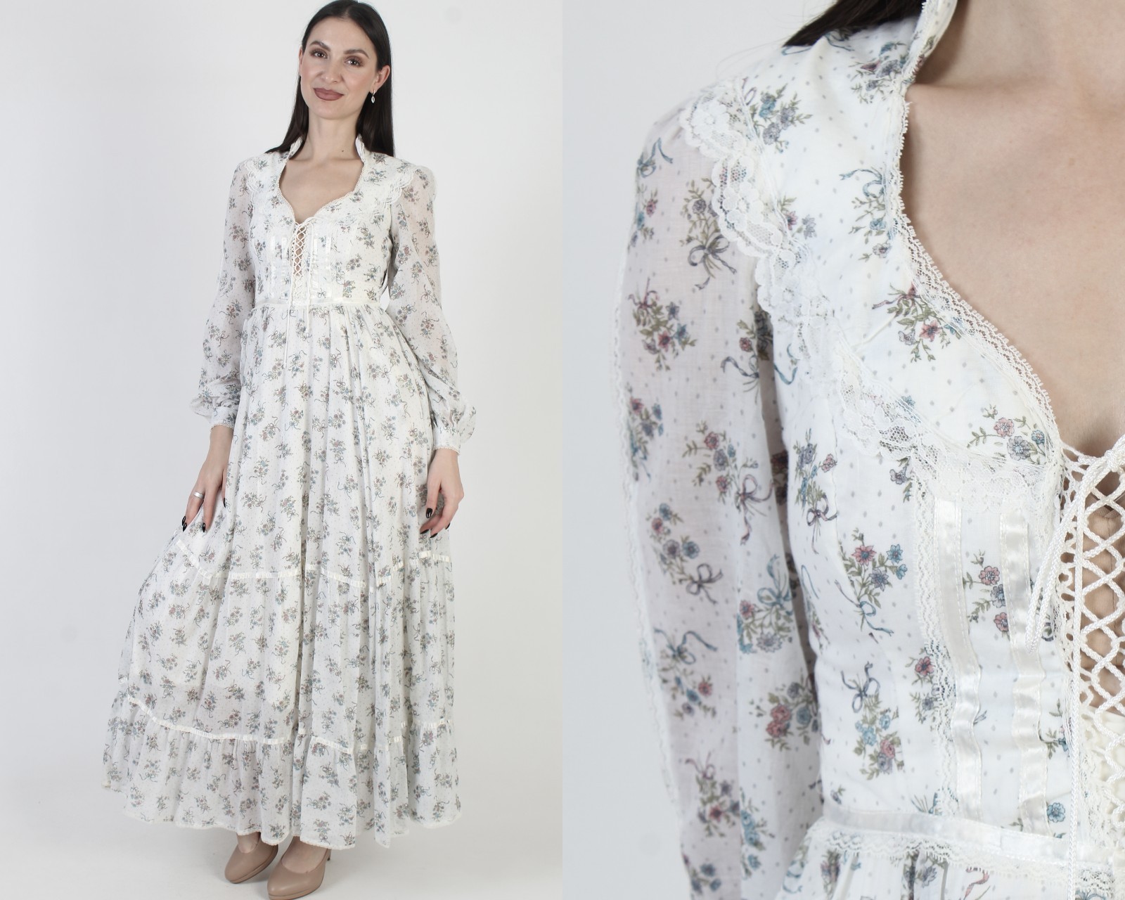 Vtg Gunne Sax Jessica McClintock Cottagecore Dress 70s Corset Prairie Wedding