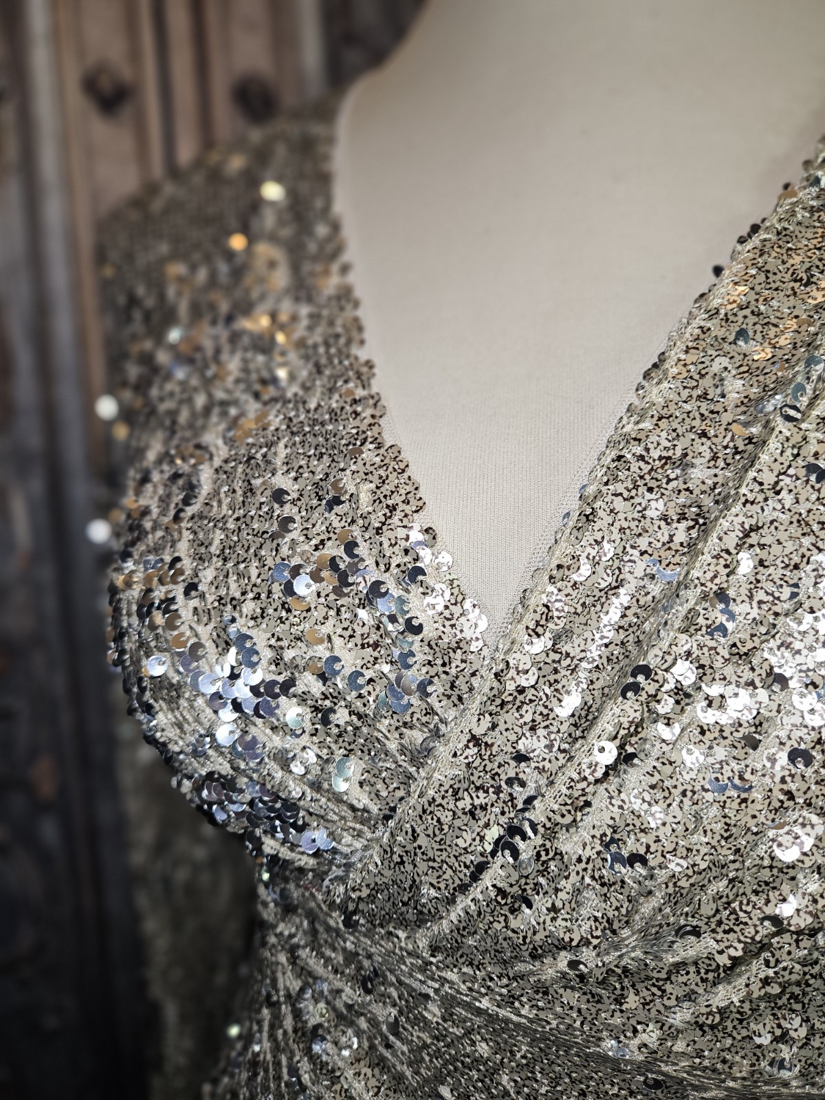 TFNC SARALEE MIDI Gold Silver Sequin Faux Wrap Dress Red Carpet UK 12 USA 8