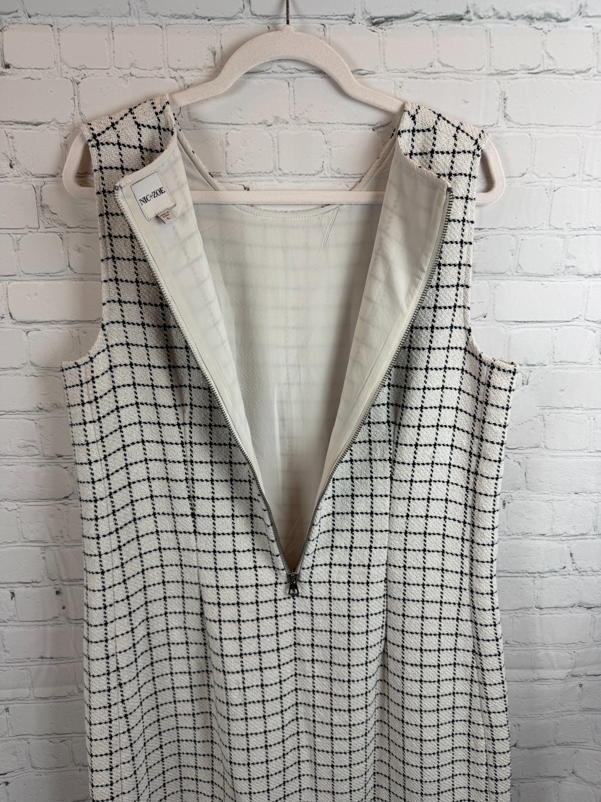 NIC + ZOE fringe hem shift cream black check sleeveless dress size L