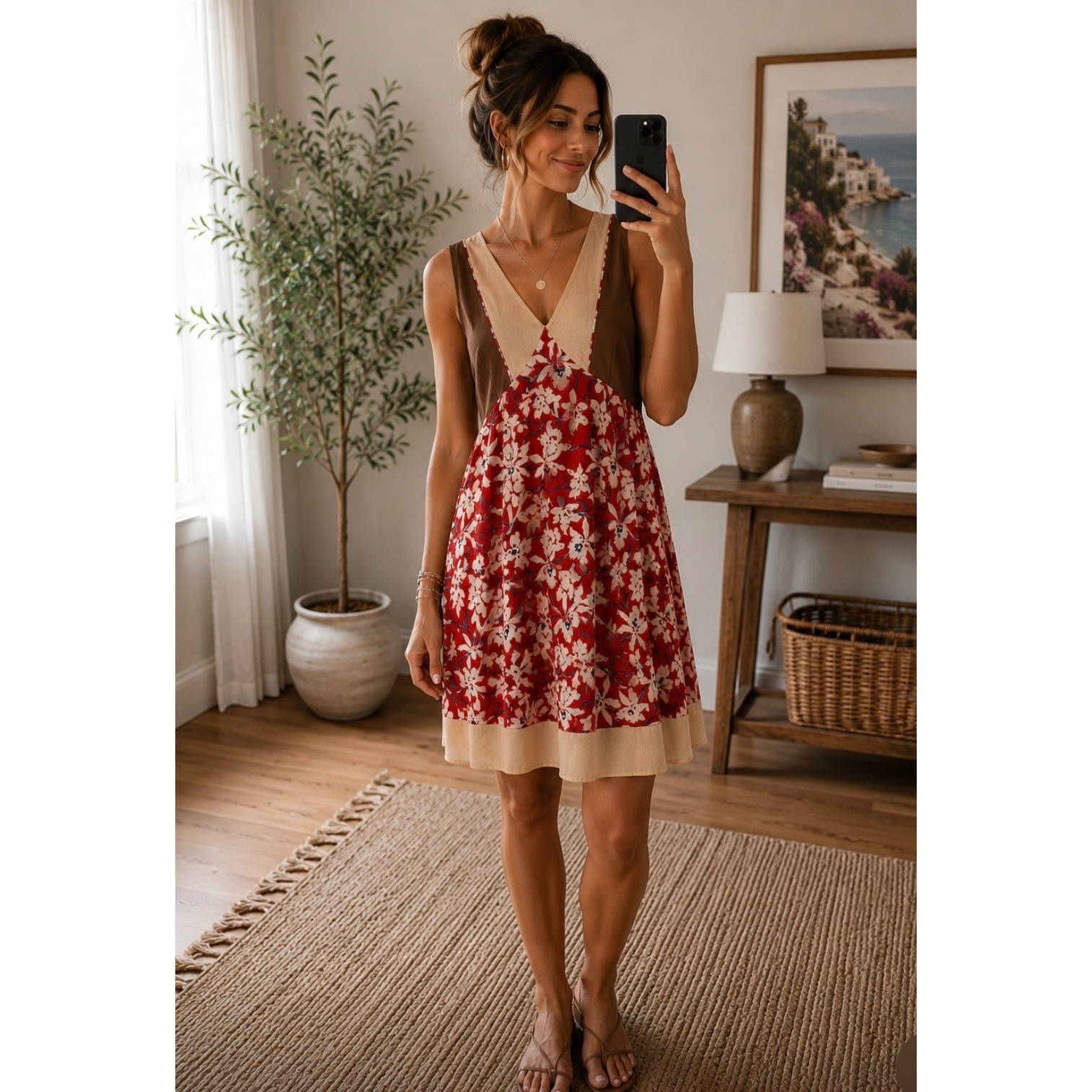 Ryu Floral Mixed Media Mini Dress Brown Red V-Neck Sleeveless Womens M