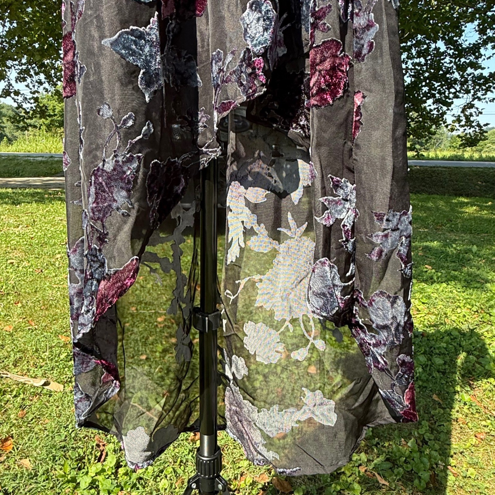 Flying Tomato Burnout Velvet Floral Maxi Dress Black High Low Bell Sleeve Wrap