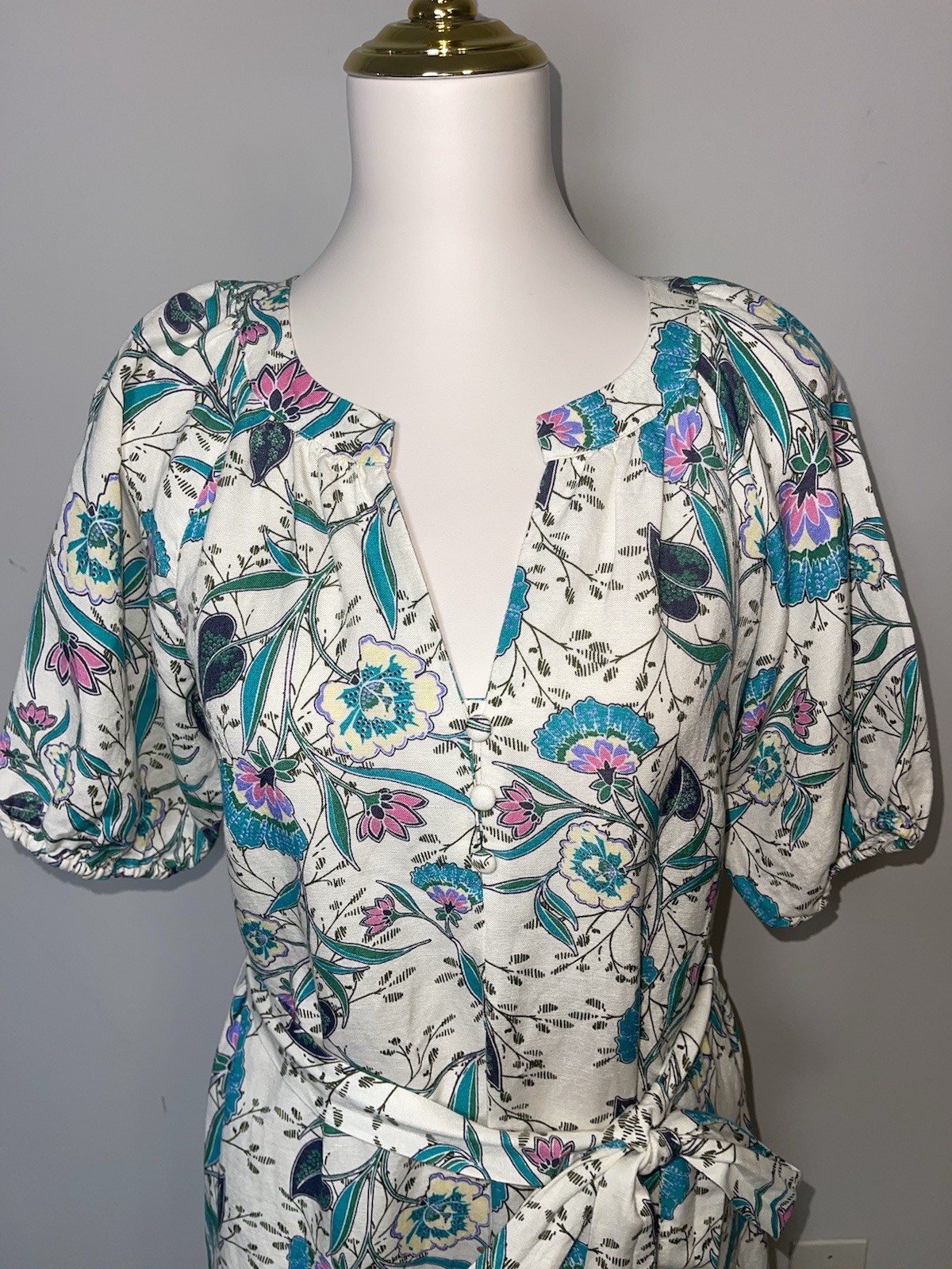 LOFT Ivory Floral Woven Cotton A-Line Dress XS Belted Button Front V-Neck