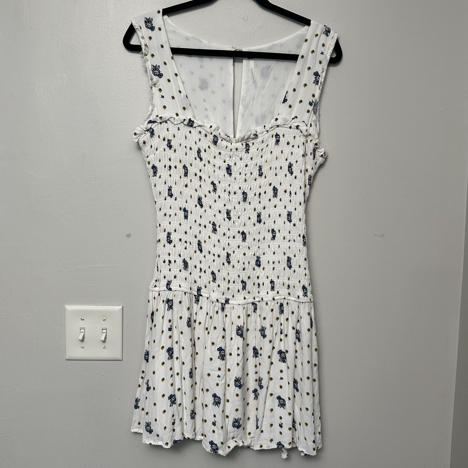 Free People White/Blue Floral Smocked Ruffle Square Neck Mini Dress M