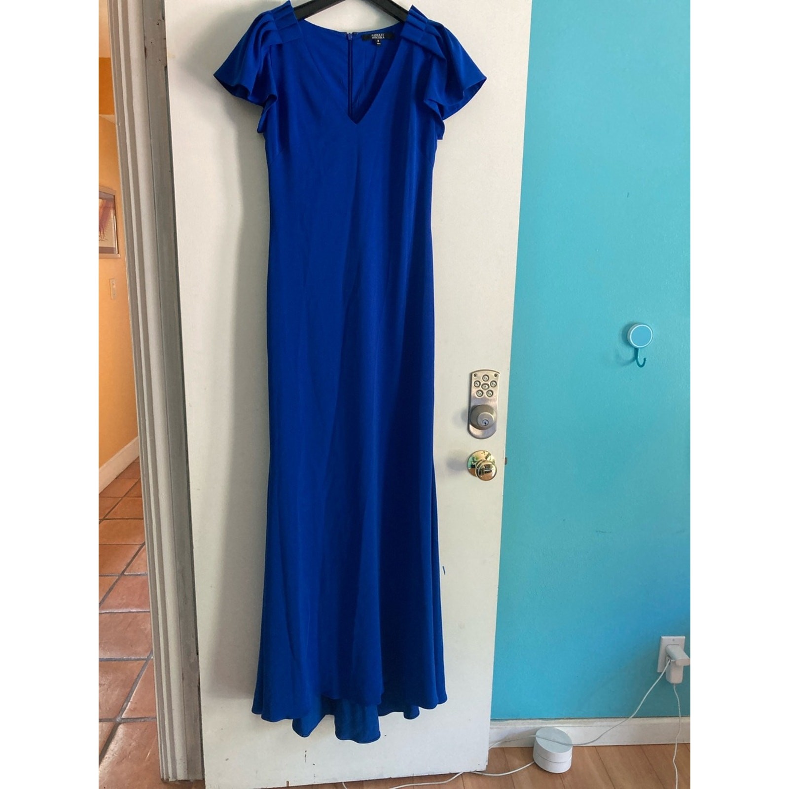 Badgley Mischka Size 8 Royal Blue Crepe Evening Gown Ruffle Sleeve
