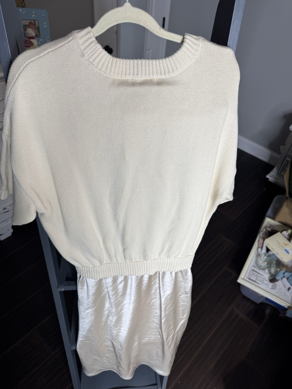 NWT Evereve Sweater/Satin Dress Champagne M Crew Neck Short Sleeve
