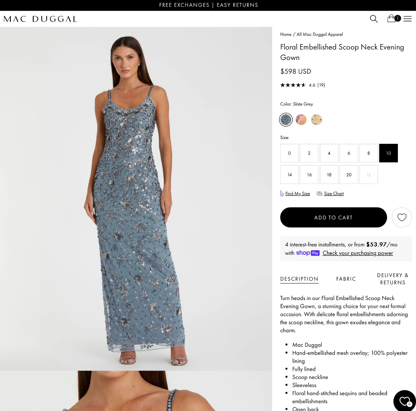 NWT Mac Duggal [ 10 ] 5477 Floral Embellished Scoop Neck Gown in Slate Grey J987