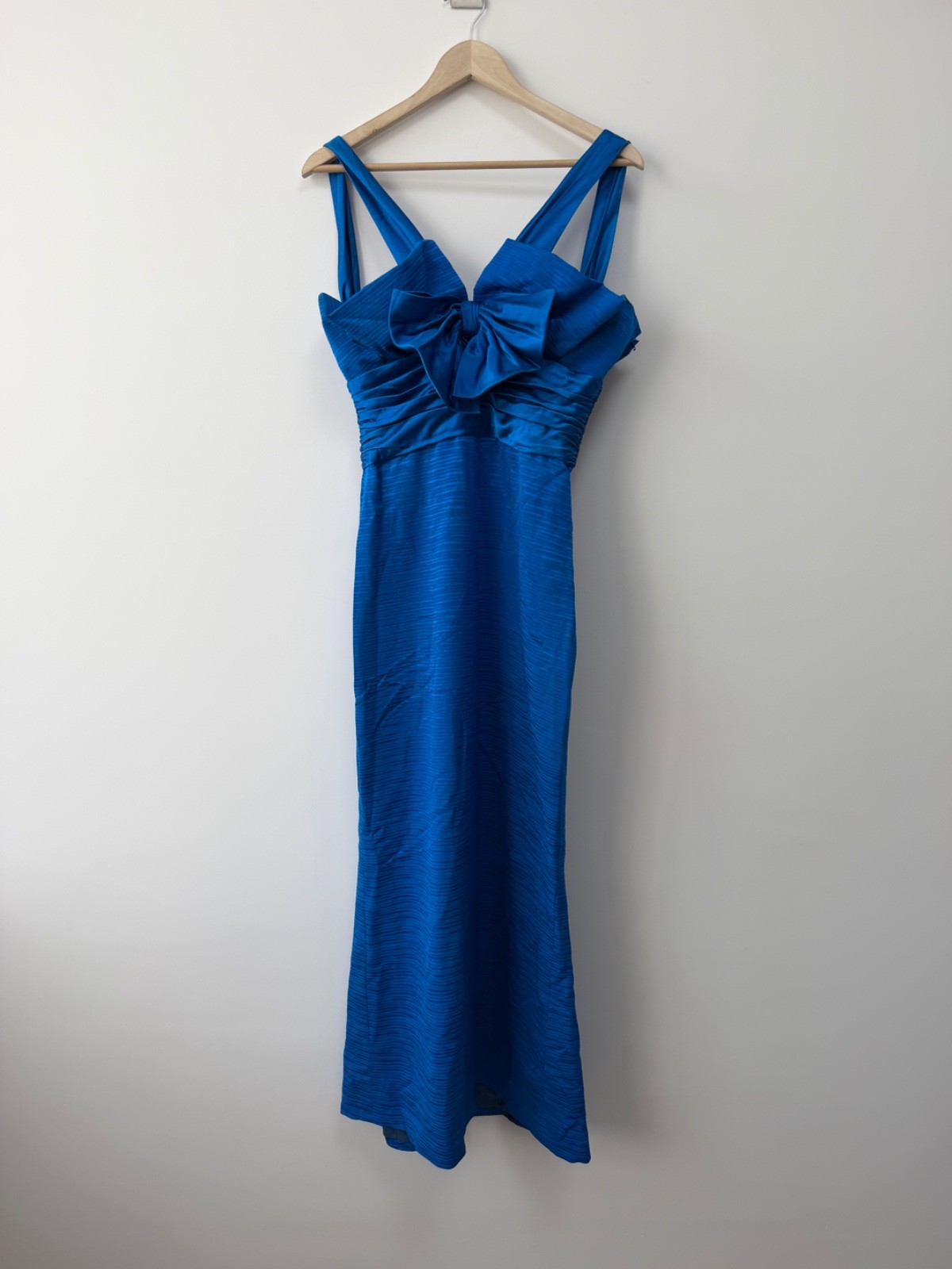 Vintage Nina Ricci Boutique Paris Blue 100% Silk Bow Ruched Maxi Evening Gown