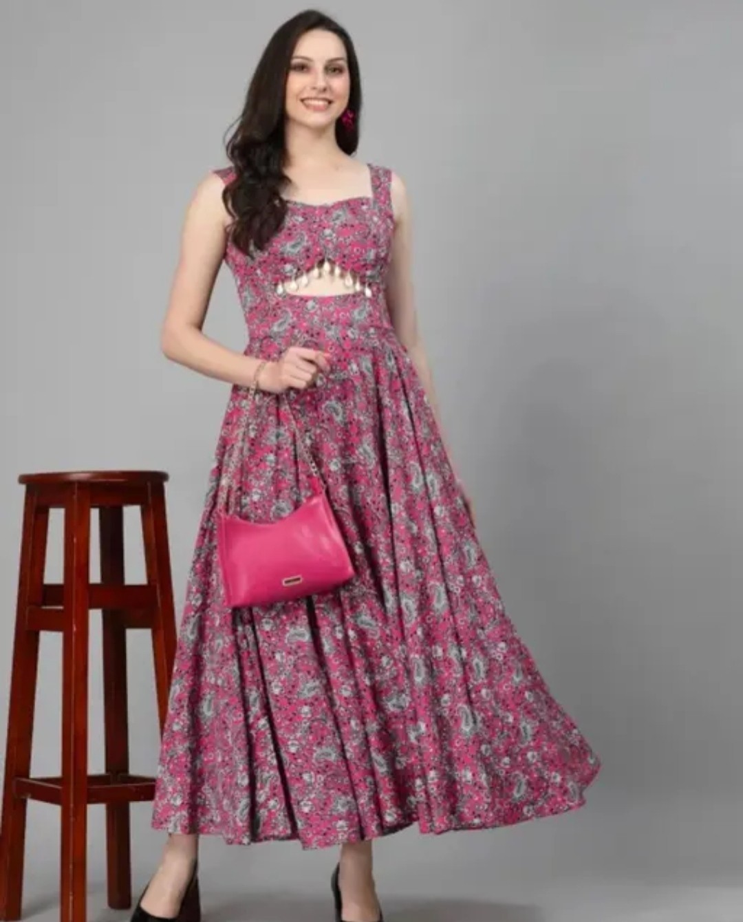 Women’s Pink Floral Printed Anarkali Maxi Dress Sleeveless Party Long Gown