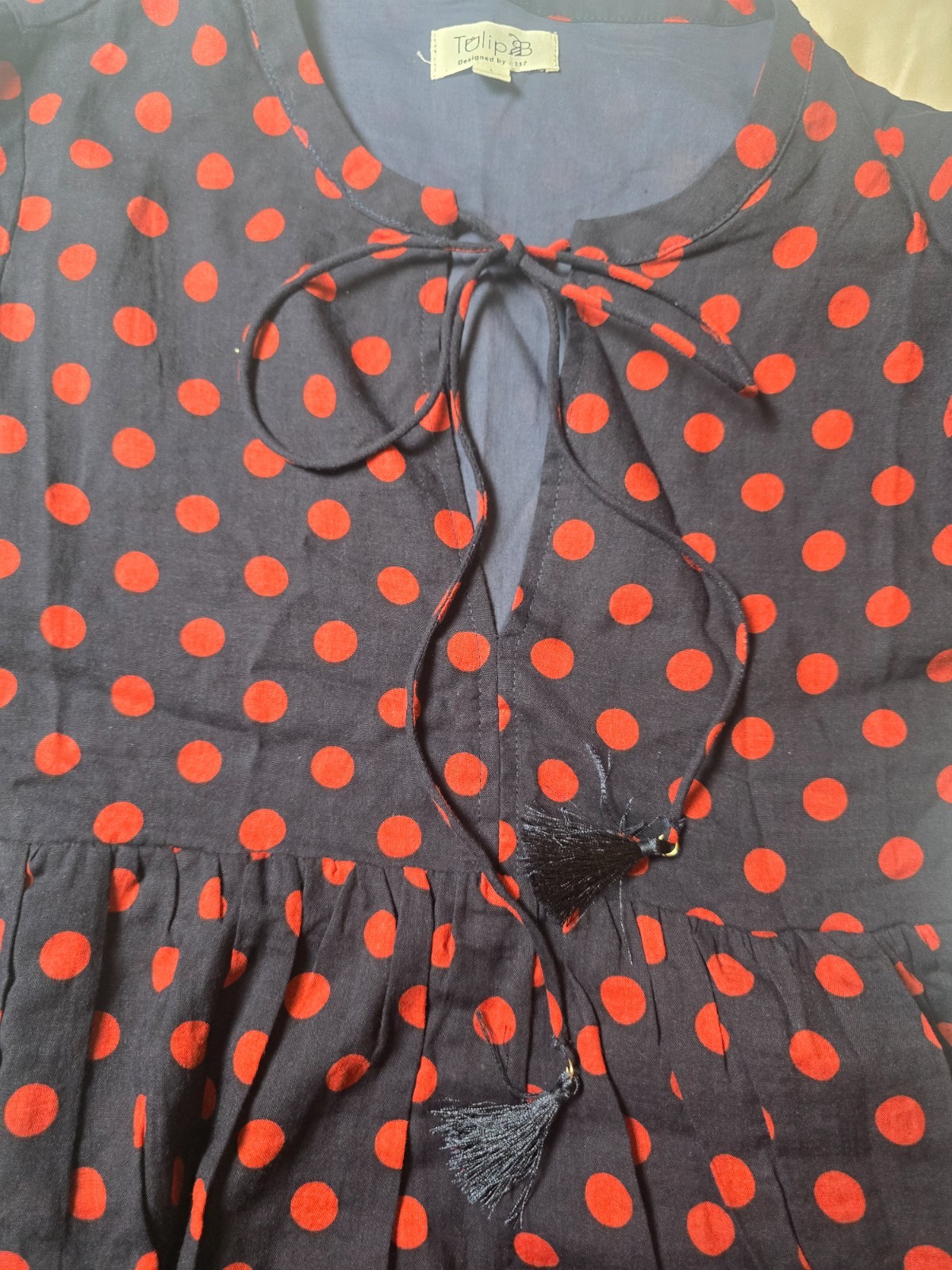 Tulip B NWT Large Navy Red Polka Dot Dress Lined W/ Pockets Tassel Tie