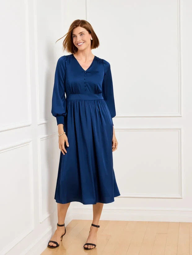 NWT $169 TALBOTS RADIANT SAPPHIRE BLUE SMOCKED SATIN CHARMEUSE MIDI DRESS 8