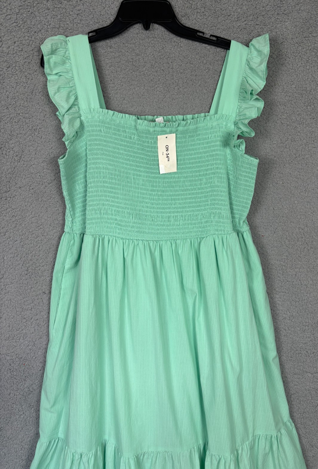 On 34th Plus Size Woven Solid Smocked Ruffled MIDI Dress 1X Sea Mist Green NWT’s