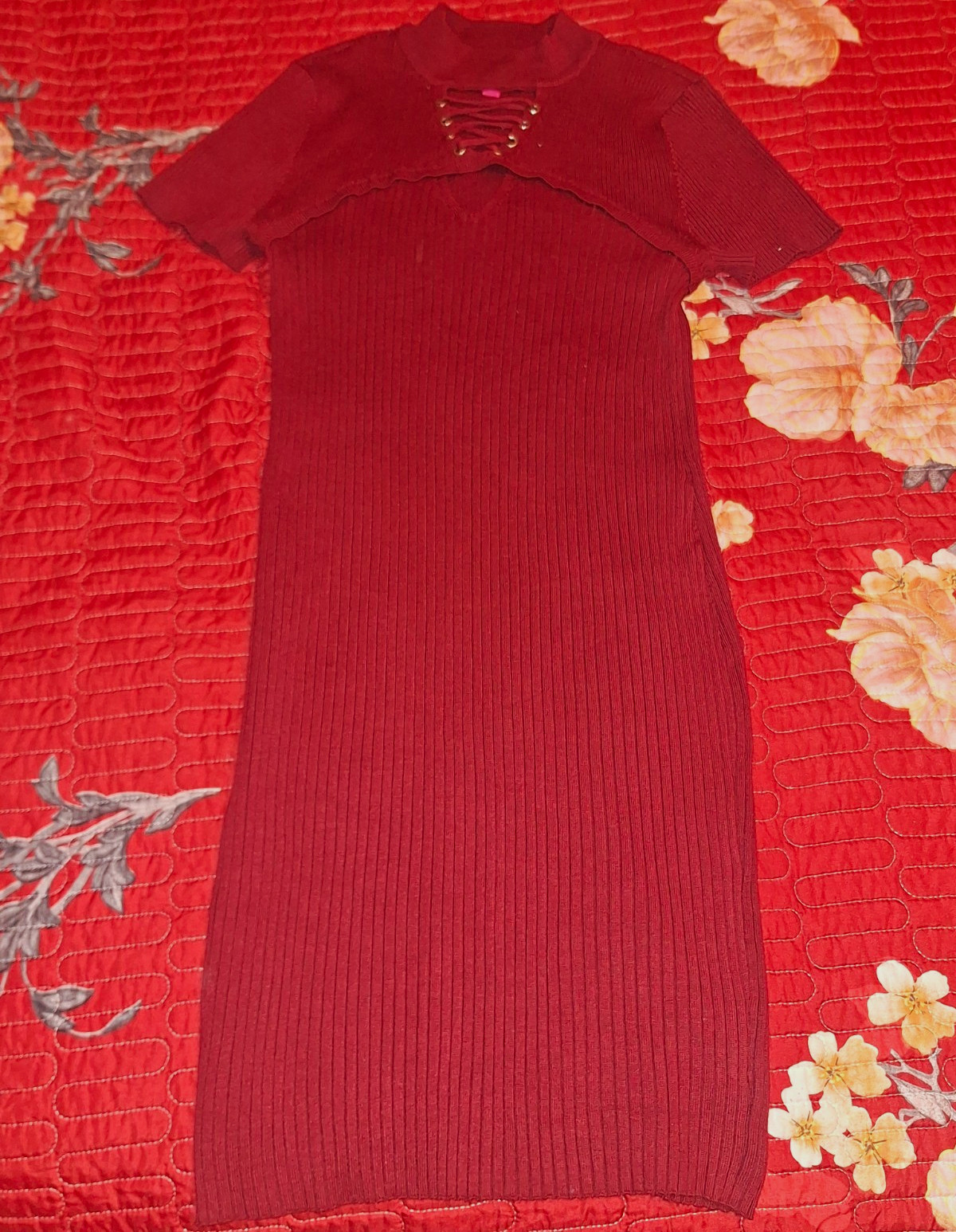 Women’s Burgundy Ribbed Knit Bodycon Midi Dress S Short Sleeve Crew Neck