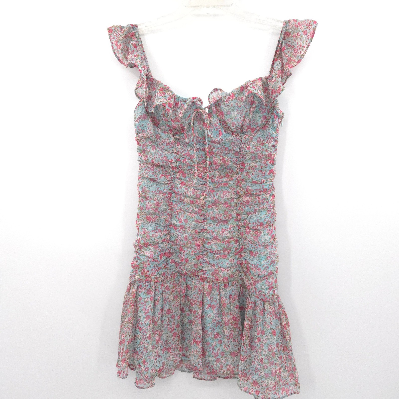 ASTR The Label Mini Dress Womens Small Teal Pink Floral Ruched Ruffle