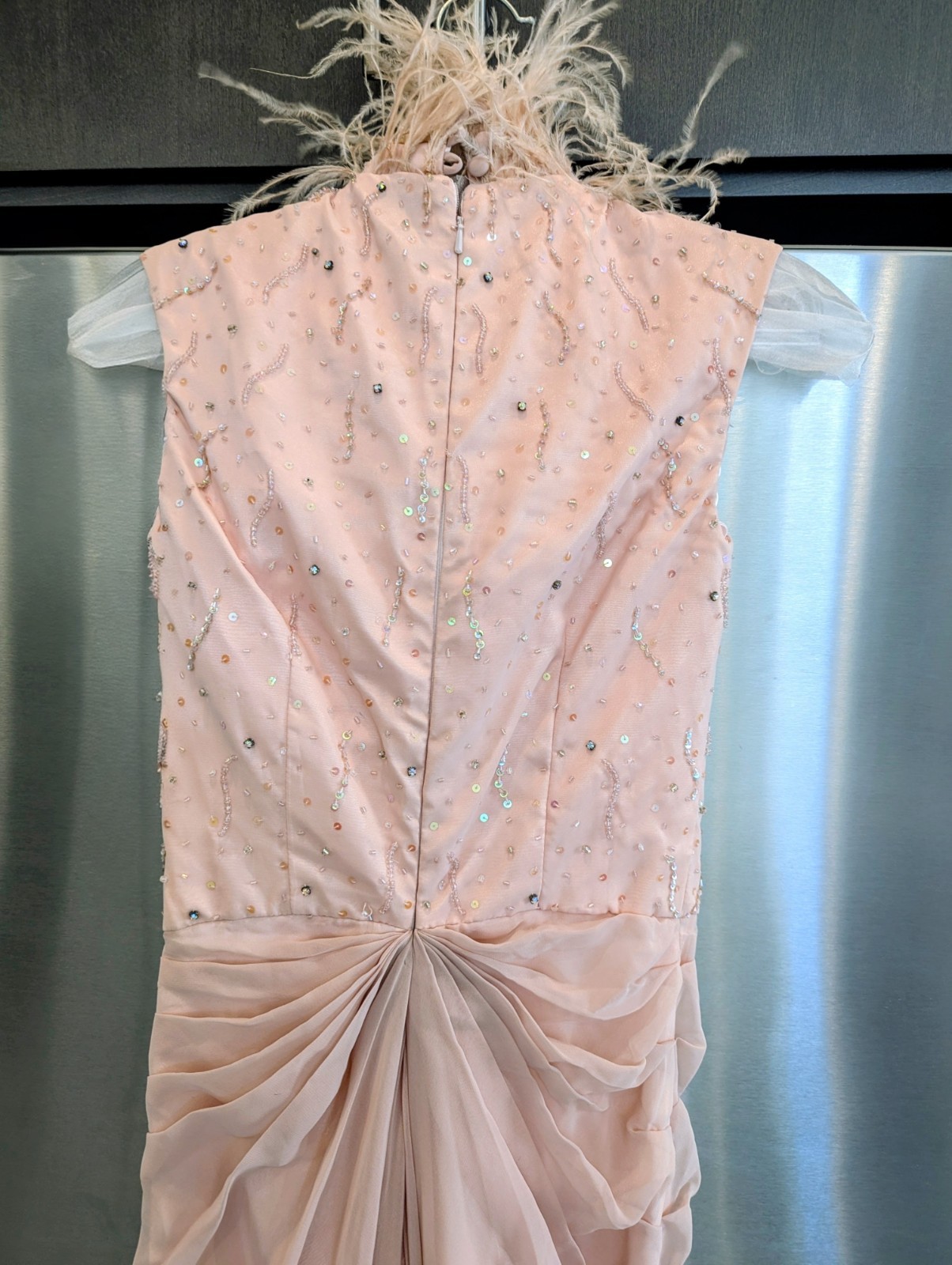Anna Elise Peach Long Sleeveless Sequin Beaded Feather Zip Evening Gown 0