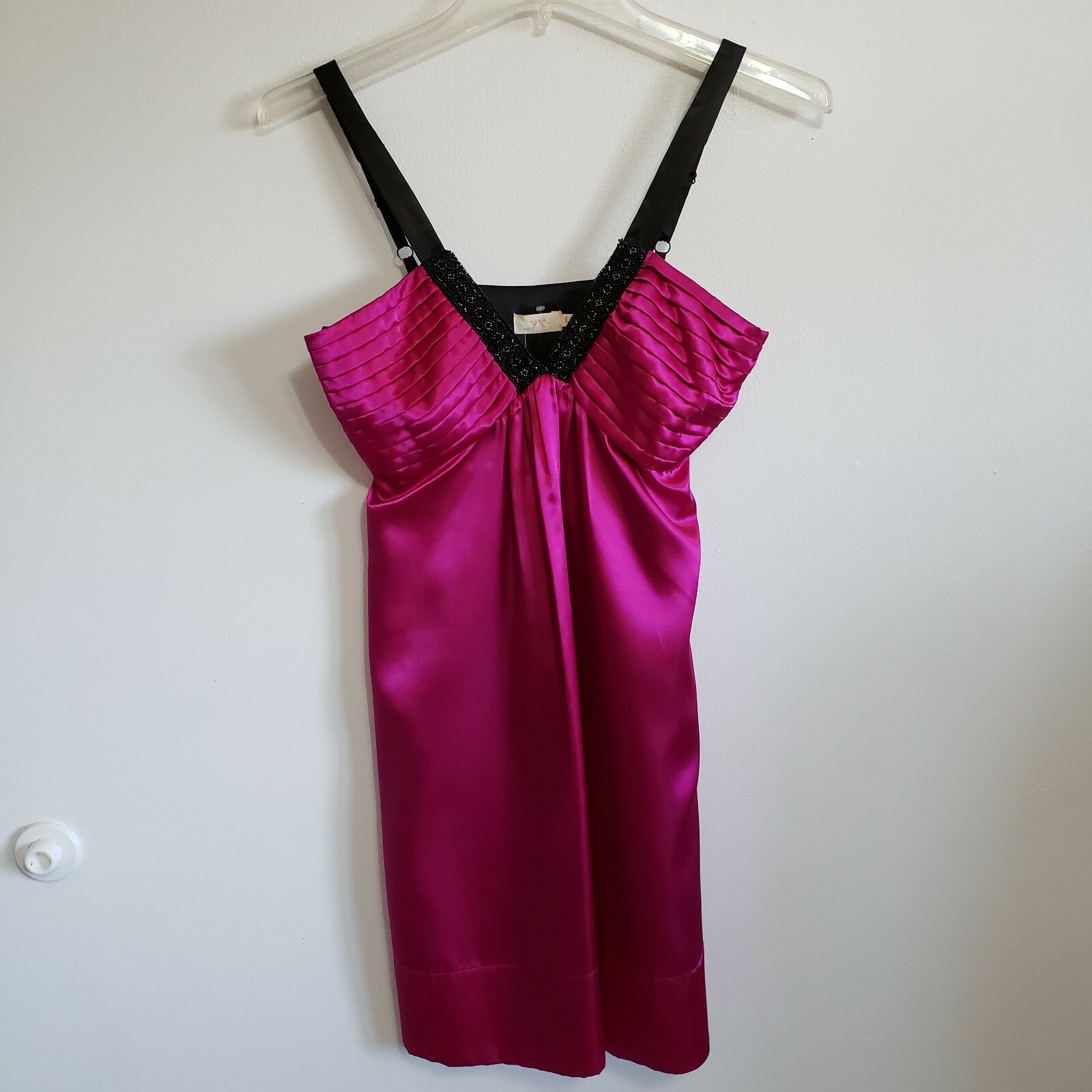 Anthropologie Bow & Arrow Womens M Fuschia Satin Dress Adjust Strap Bead Zip NEW