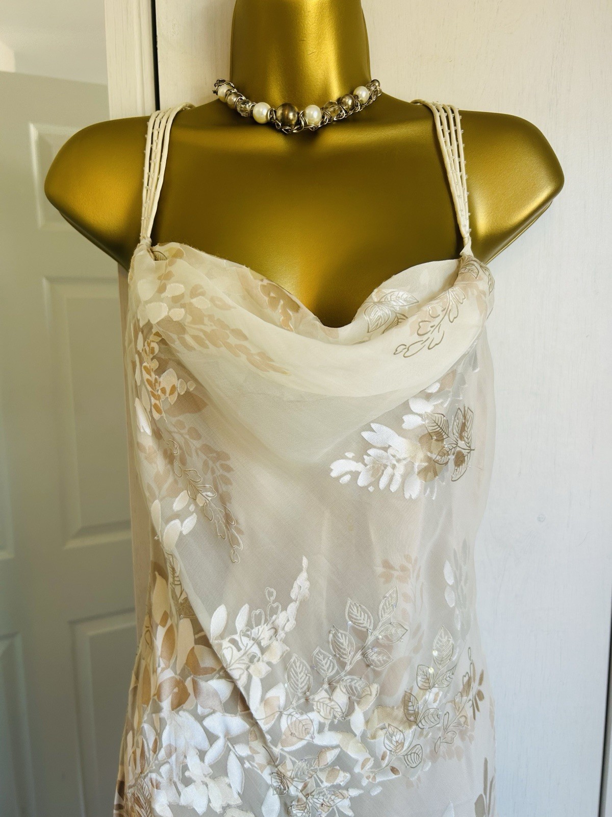 Monsoon Vintage Silk Cream Gold Devore 20s Deco Y2K Bride Long Dress 12