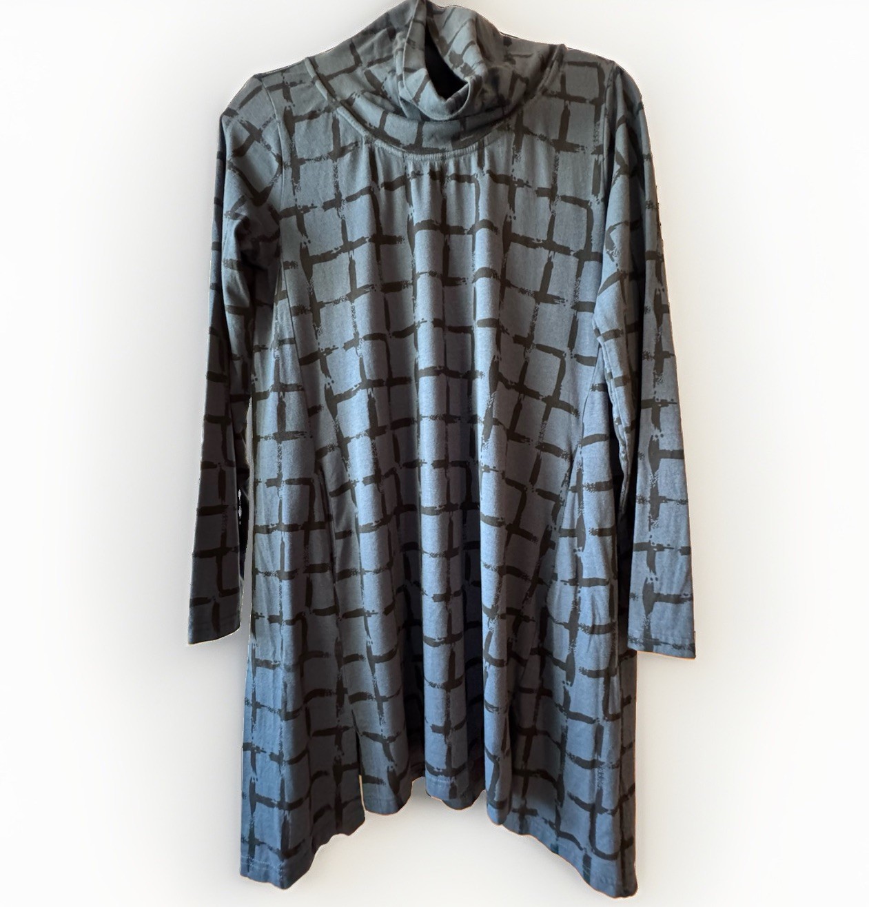 snapdragon & twig Blue Black Geometric Jersey Shift Dress XS Cowl Neck Pockets