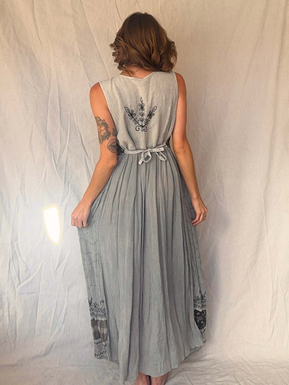 90s Grey Patchwork Whimsigoth Embroidered Fairy Maxi Dress
