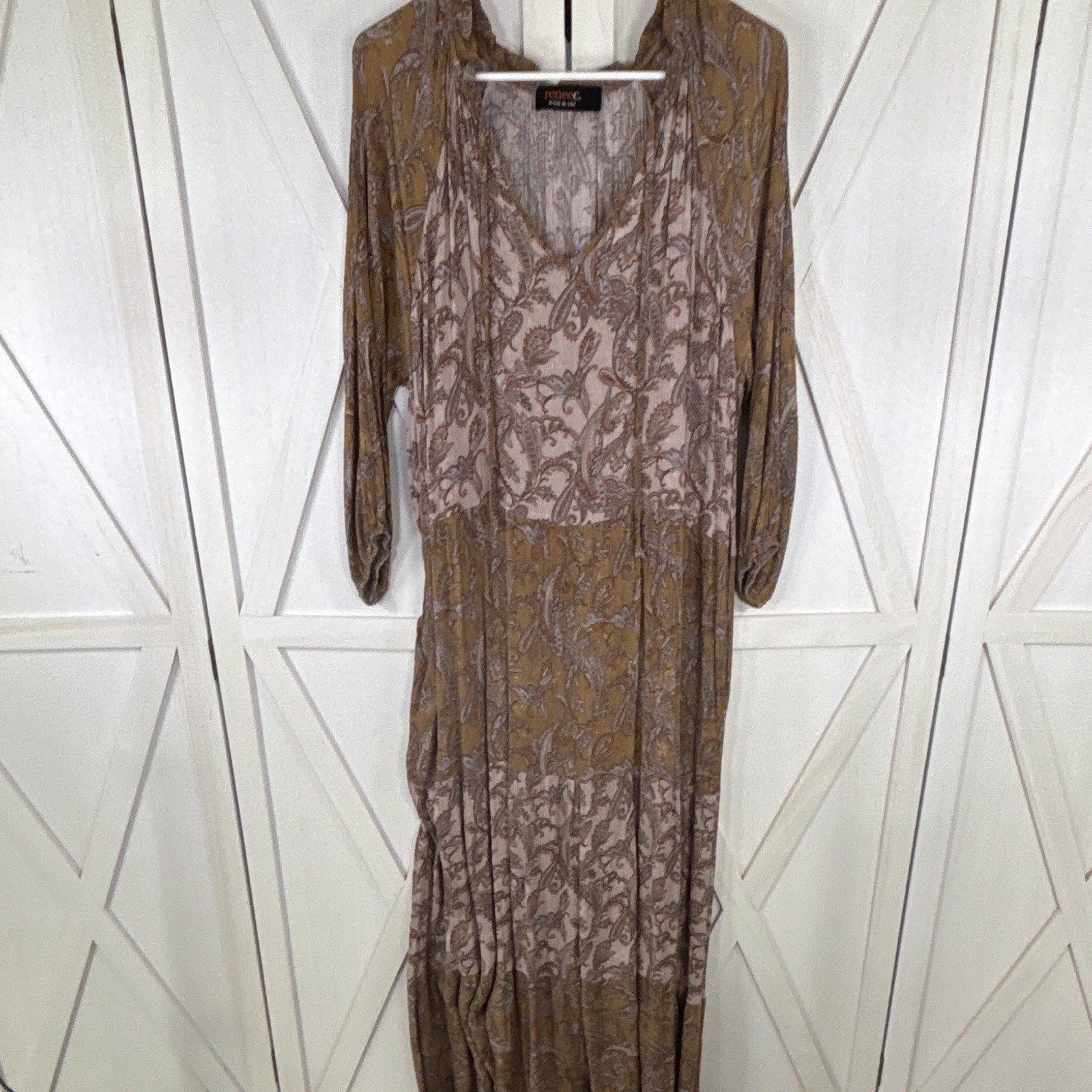 Renee C. Brown/Beige Paisley Maxi Dress V-Neck Balloon Long Sleeve Sheer L