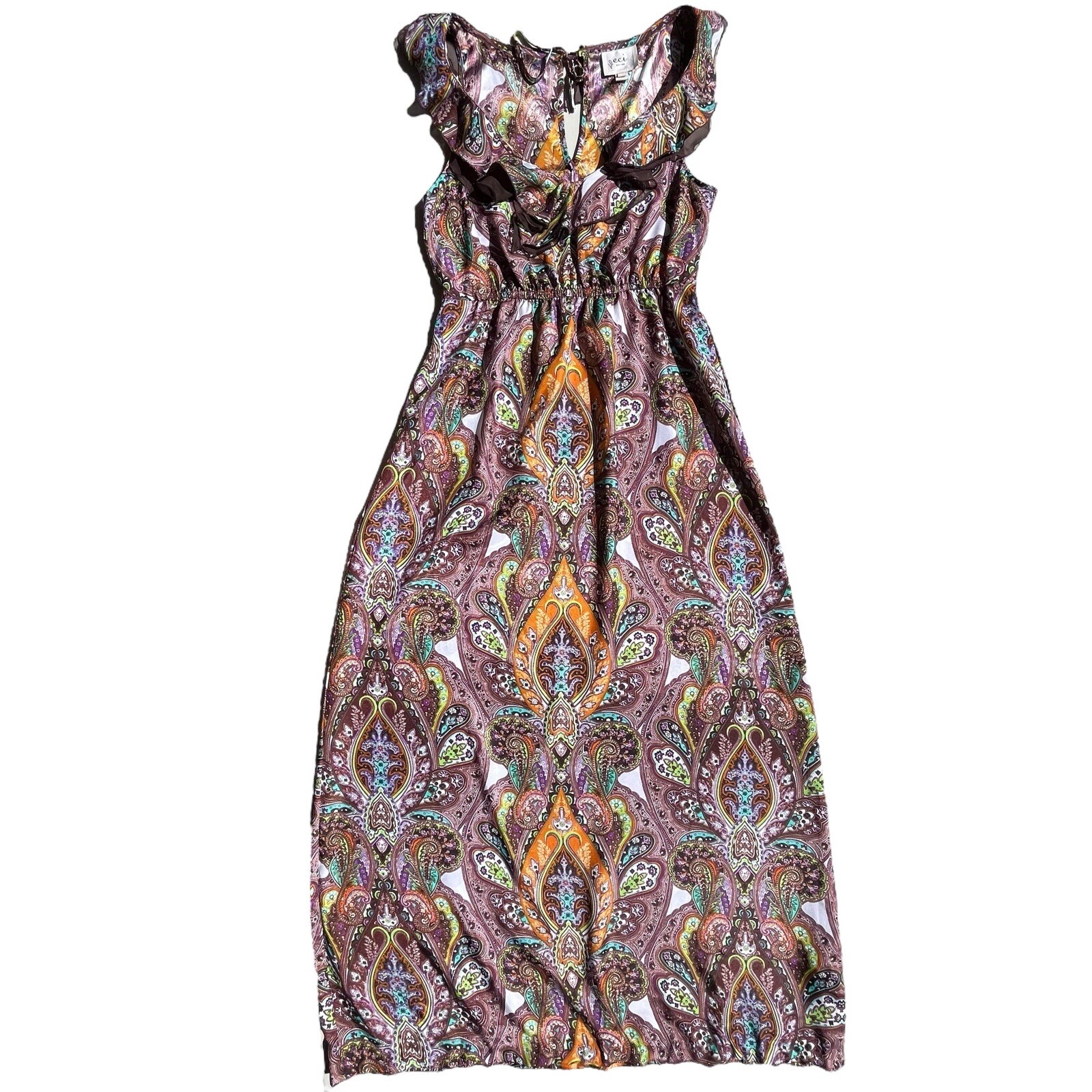 Eci New York Women’s Size 4 Brown, Orange, Teal Paisley Ruffle V-Neck Maxi Dress