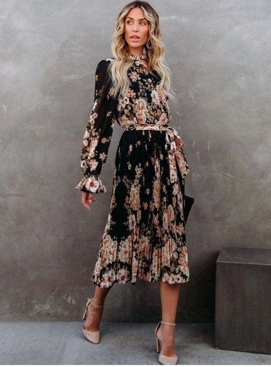 Vici Pleated Songbird Floral Pattern Midi Dress Long Sleeve Boho Women’s Size M