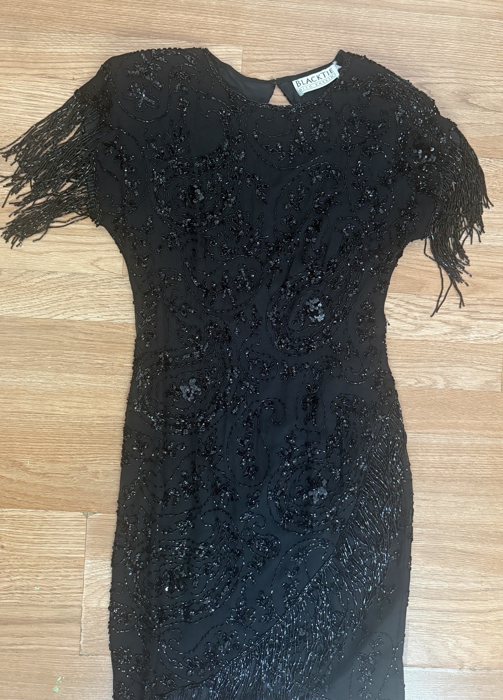 Vintage Black Tie Oleg Cassini Beaded Silk Fringe Dress Sz 4 Black Paisley
