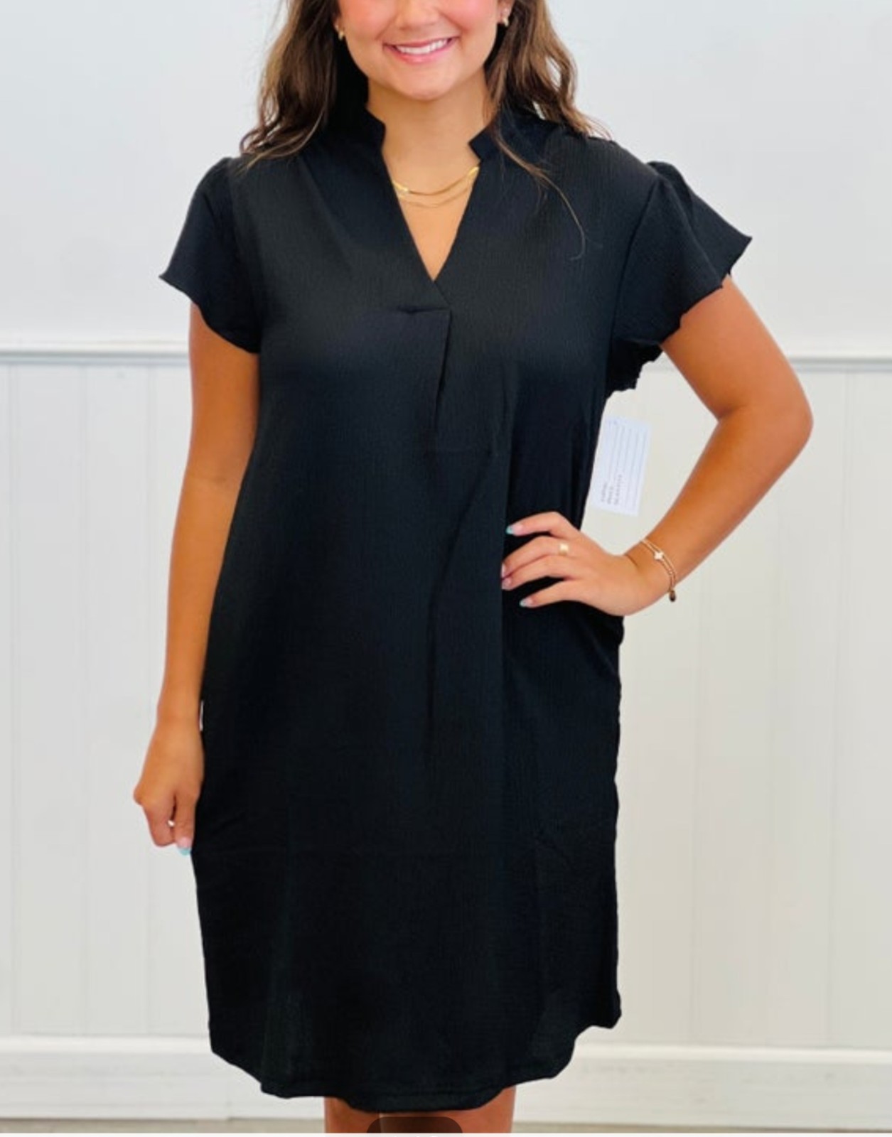 Women’s Black Solid V-Neck Shift Dress Knee Length Short Sleeve Pockets Sz XL