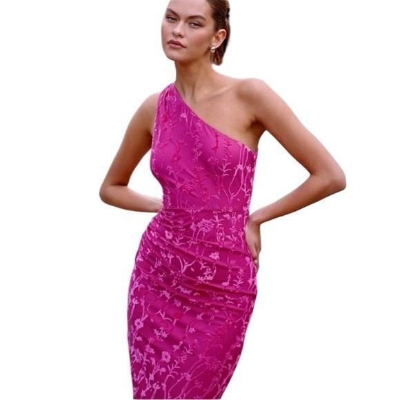 Anthropologie HUTCH One Shoulder Ruched Velvet Midi Dress Pink Sz L retail $198