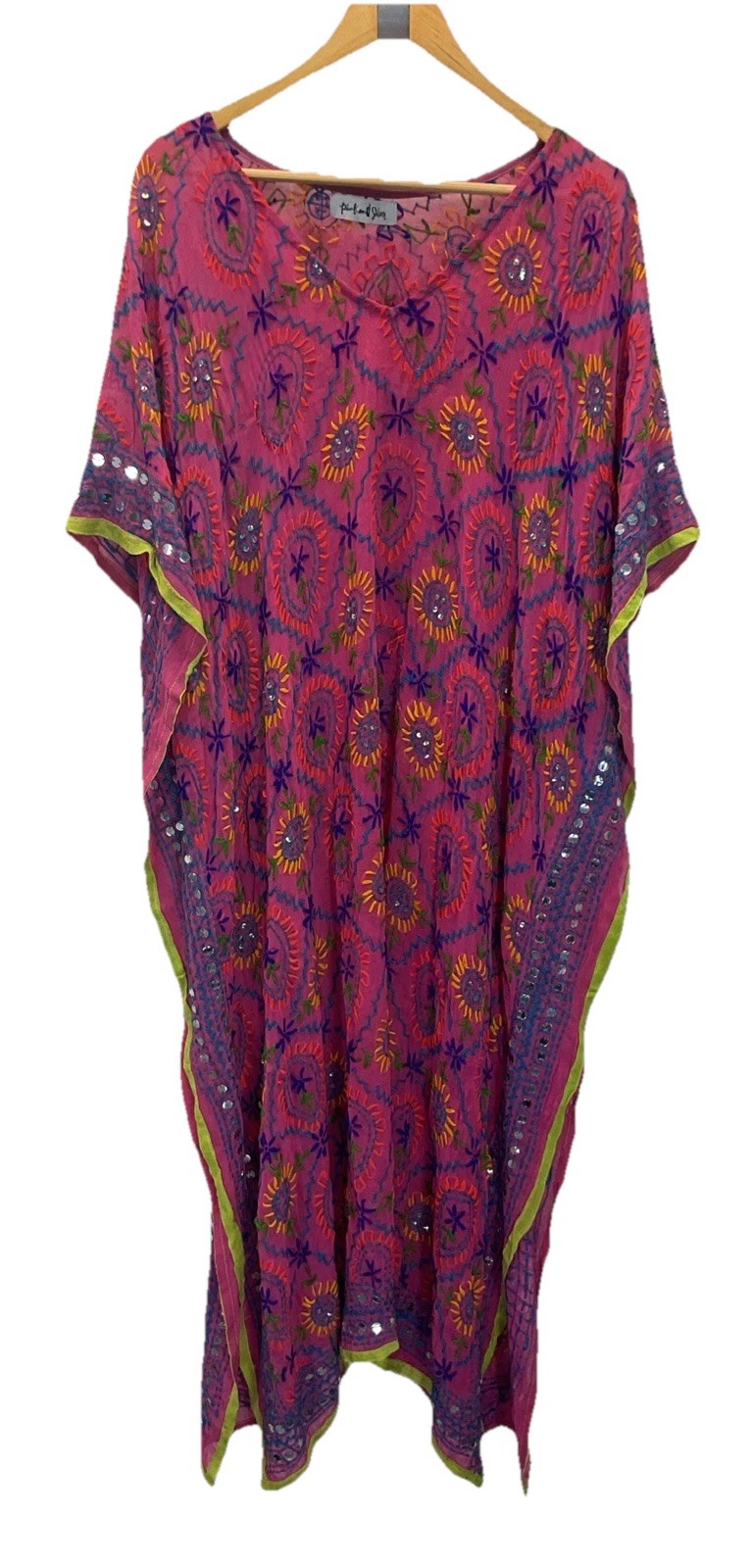 Pink Boho embroidered Studded Kaftan Beachy Vacation Cruise Glam flowy resort OS