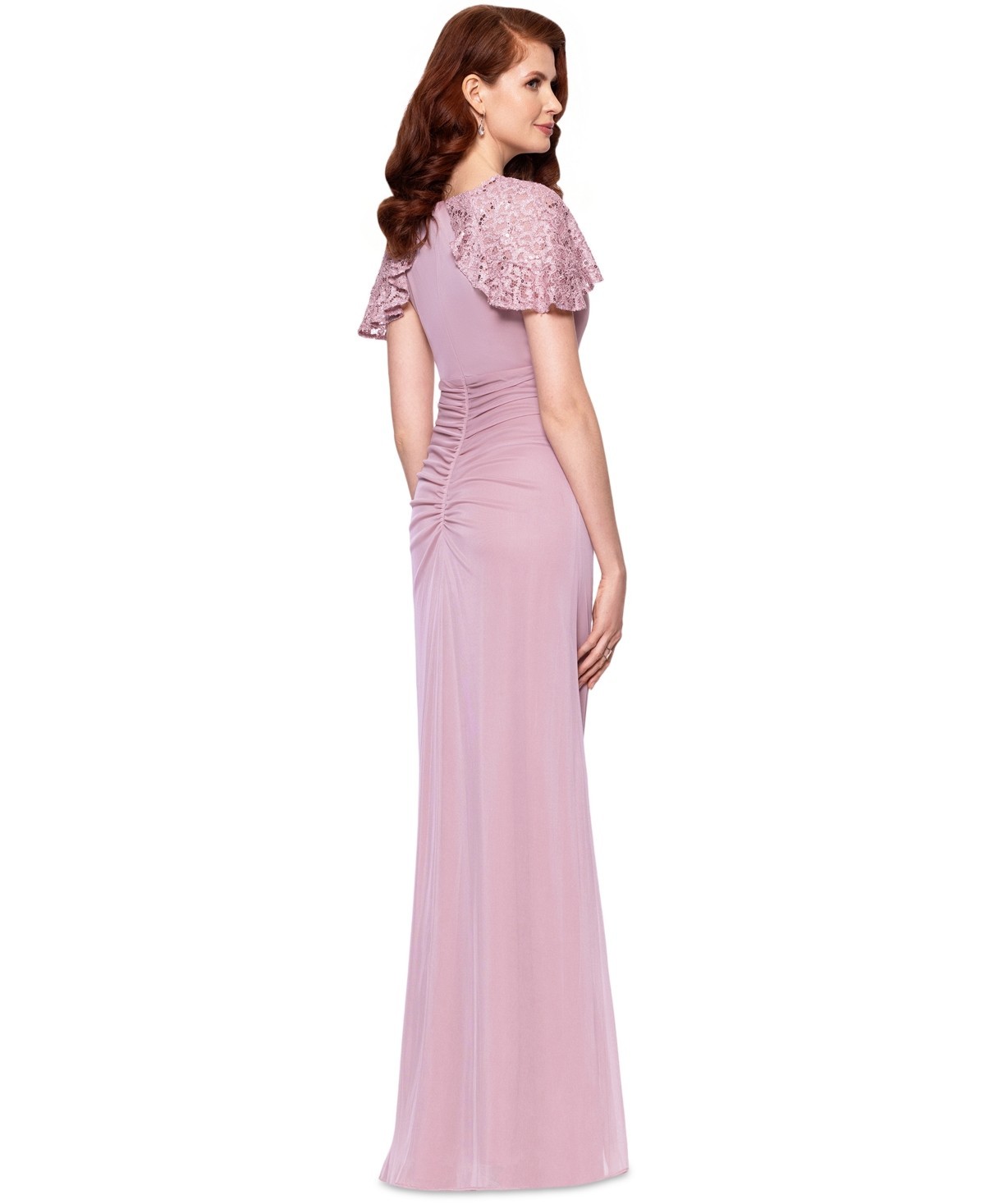 Betsy & Adam Draped Gown Lace Flutter Sleeve Ruched Ruffled Rose Pink Size 14