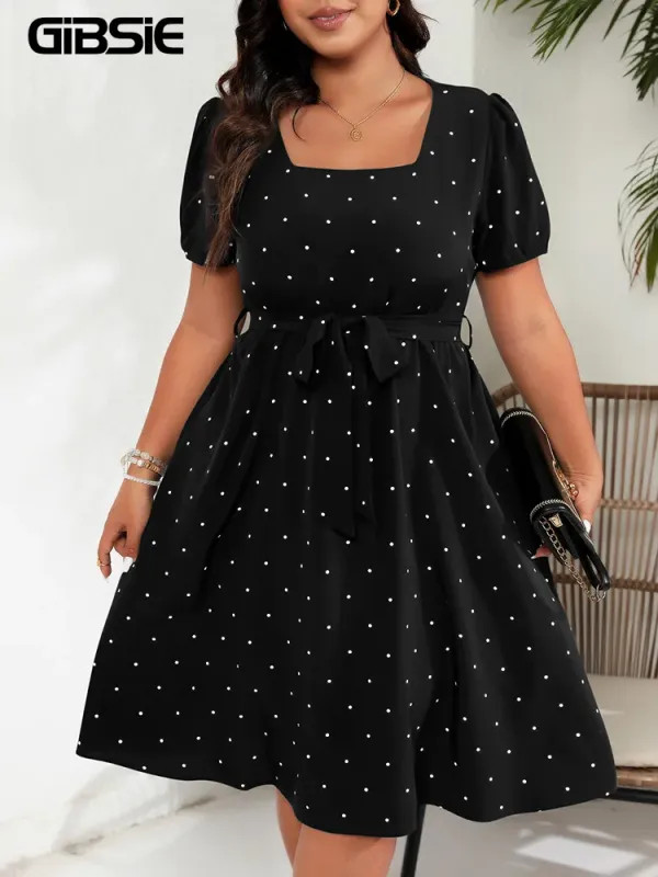 Plus Size Square Neck Polka Dot Belted Dress Women’s Elegant Retro.