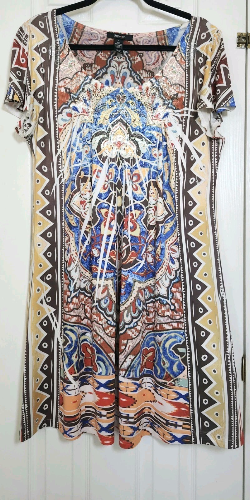 Style&Co Womans Multicolor Short Sleeve Scoop Neck Knee Length Dress Size L