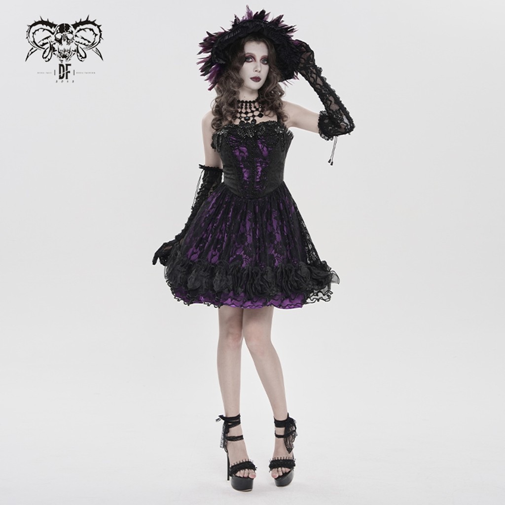 Devil Fashion Women Goth Victorian Beaded Floral Lace Corset Short Lace-Up Dress