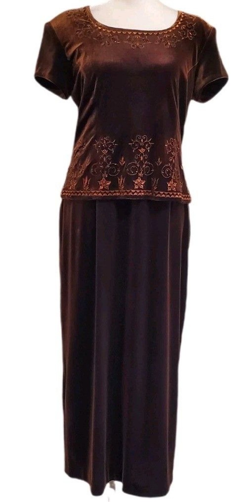 Coldwater Creek Y2k Brown Velvet Beaded Embroidered short sleeve Maxi Dress 8P