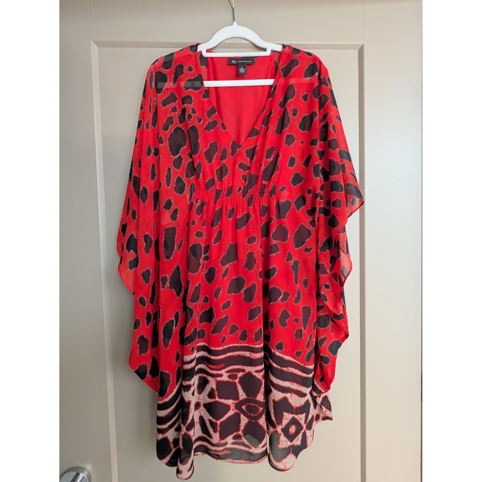 INC International Concepts Red Animal Print Kimono Sleeve Faux Wrap Dress Size 4